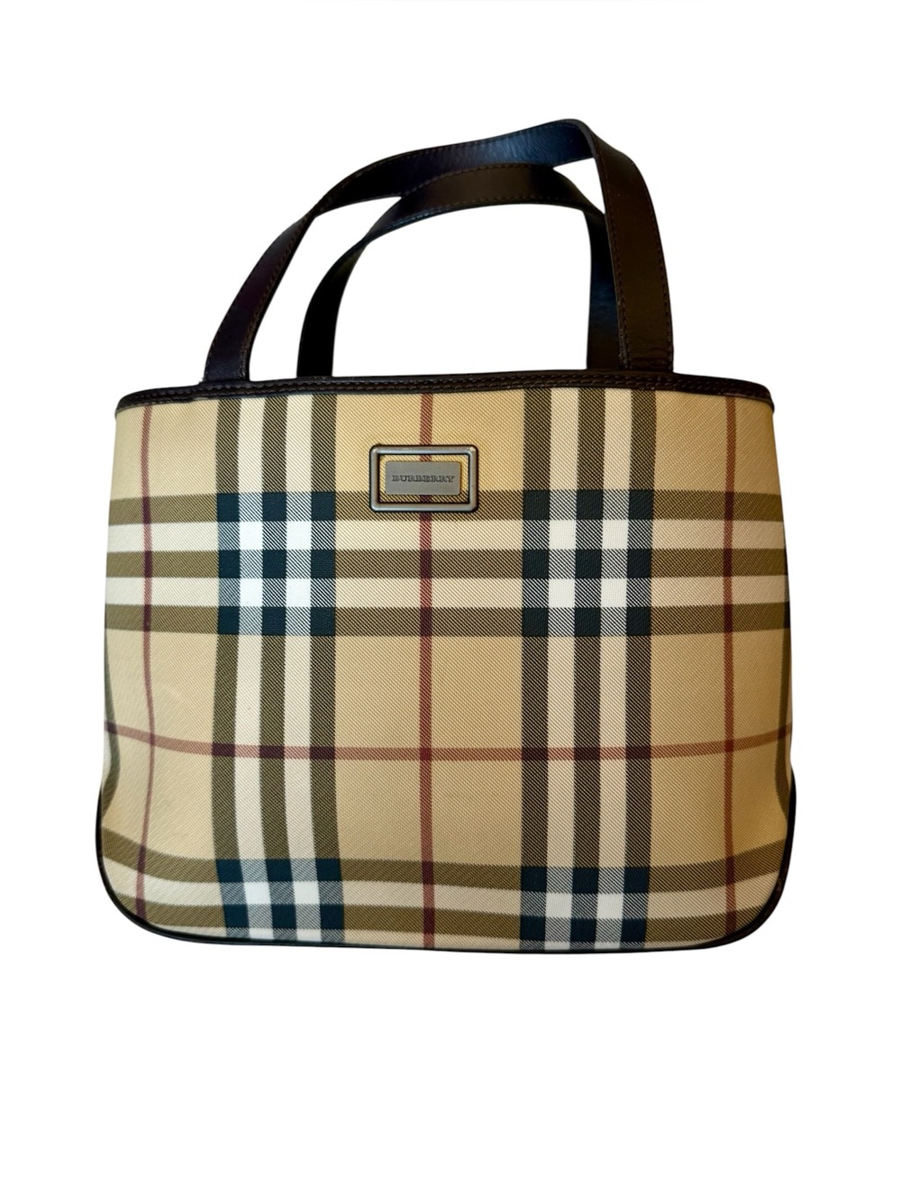 Burberry Beige Check Canvas Tote with Brown Leather